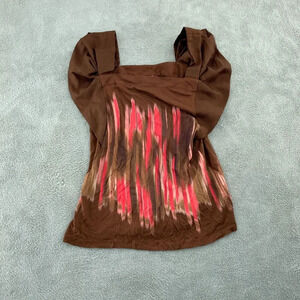 Anthropologie Womens Large Brown & Red Square Neck Blouse Sleeves NWT 2091